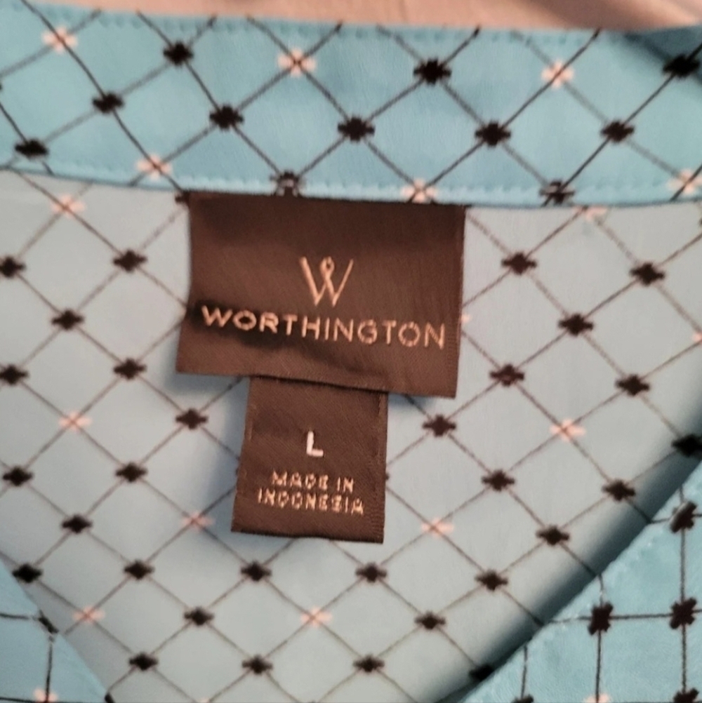 Worthington Polka Dot Ruffle Blouse Large Coquette Office Chic Blue Top - Picture 4 of 6